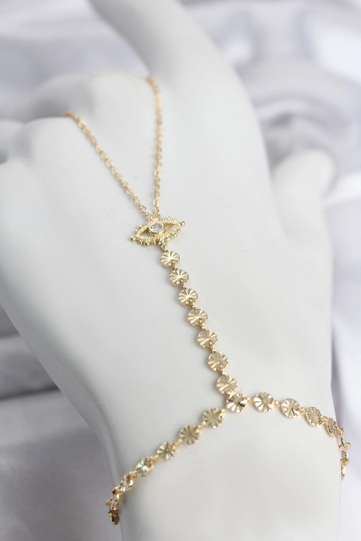 Mey İthalat® Gold Renk Pirinç Zirkon Taşlı Göz Model Şahmeran