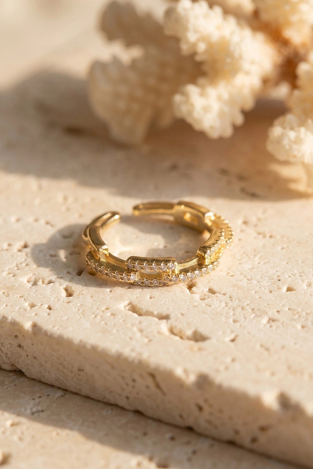 Mey İthalat® Gold Renk Zirkon Taşlı Zincir Model Kadın Yüzük