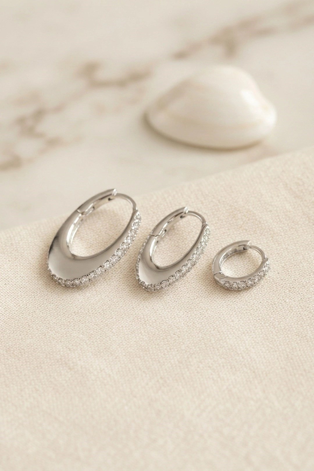 Mey İthalat® Gümüş Renk Oval Halka Model Zirkon Taşlı 3 lü Küpe Set