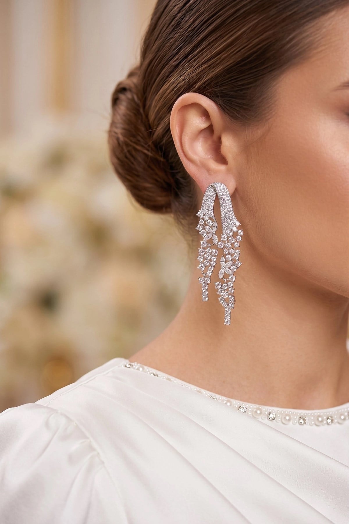 Mey İthalat® Gümüş Renk Zirkon Taşlı Çelenk Model Kadın Abiye Küpe