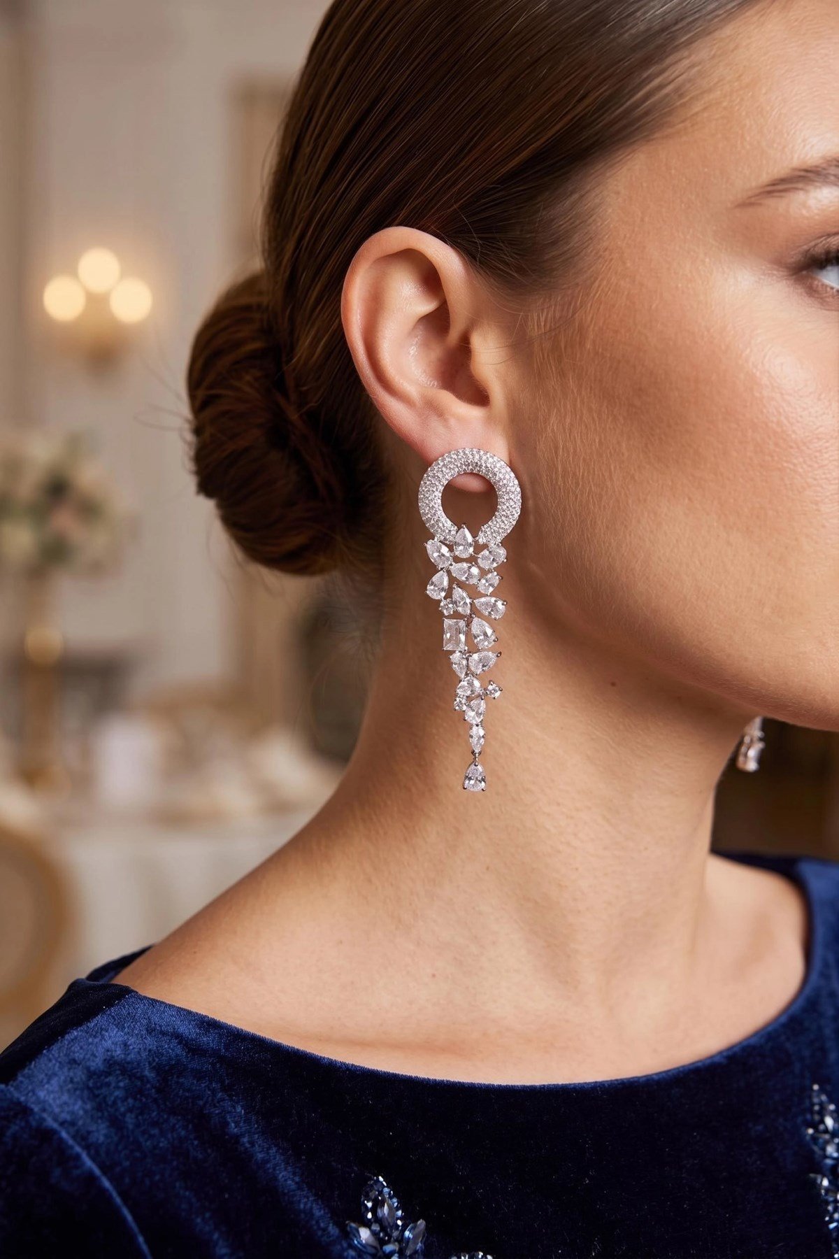 Mey İthalat® Gümüş Renk Zirkon Taşlı Saçaklı Model Kadın Abiye Küpe