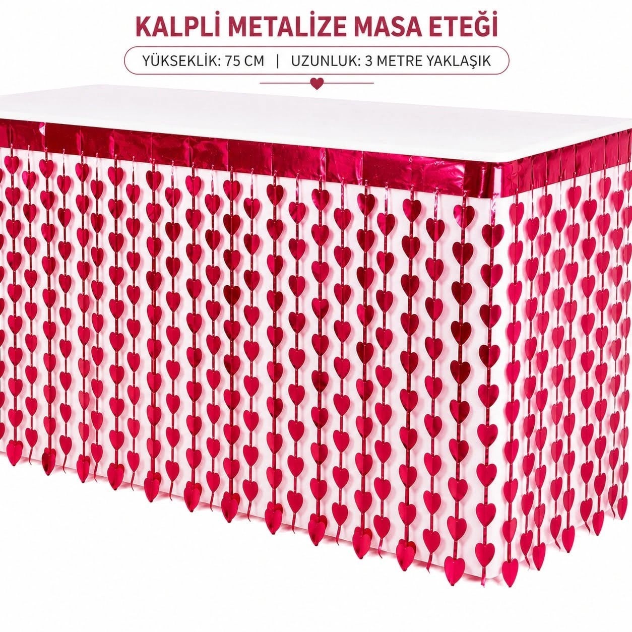 Mey İthalat® Kalpli Metalize Masa Eteği Kırmızı 75x300 cm