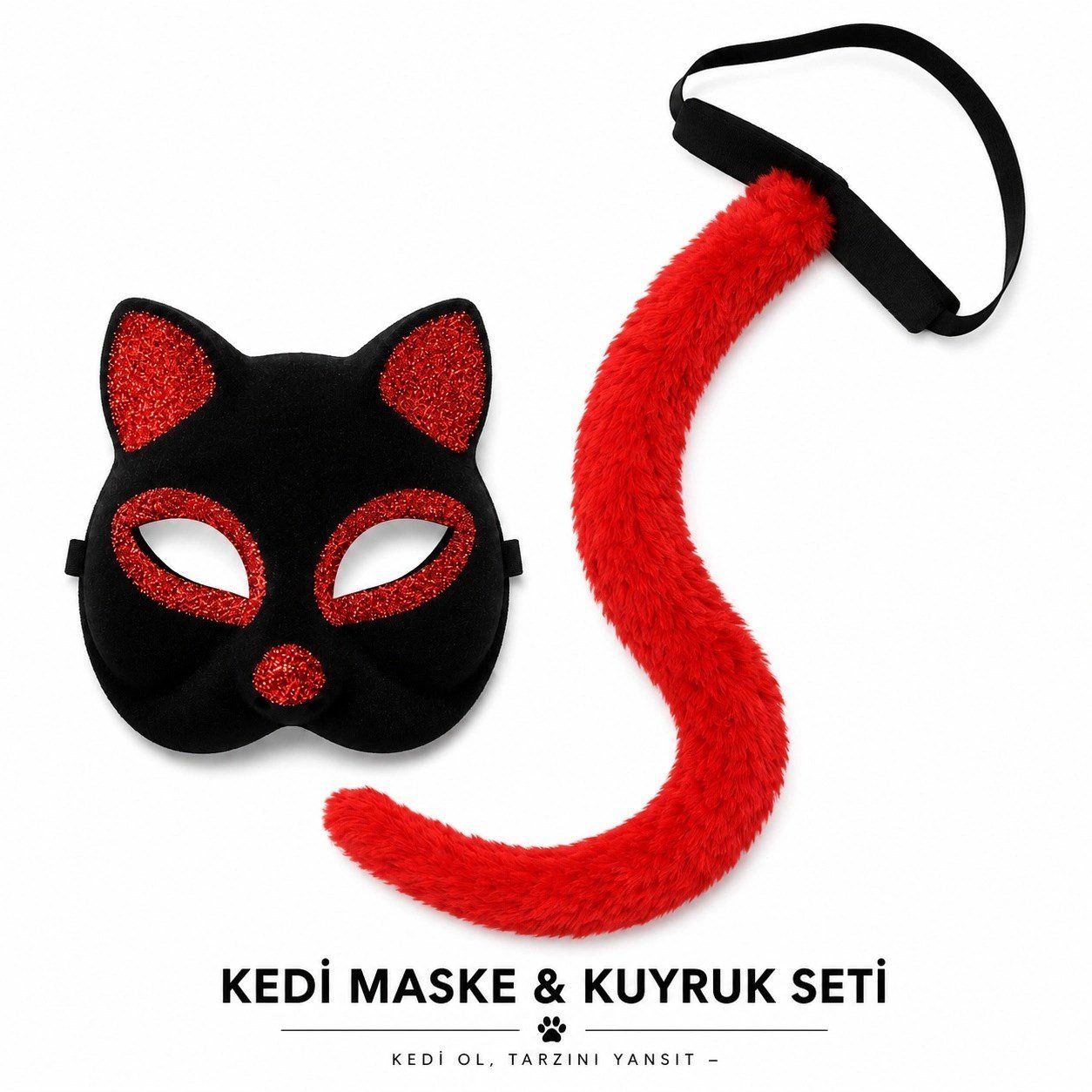 Mey İthalat® Kırmızı Kedi Maske ve Kuyruk Seti Parti Kostüm Aksesuarı