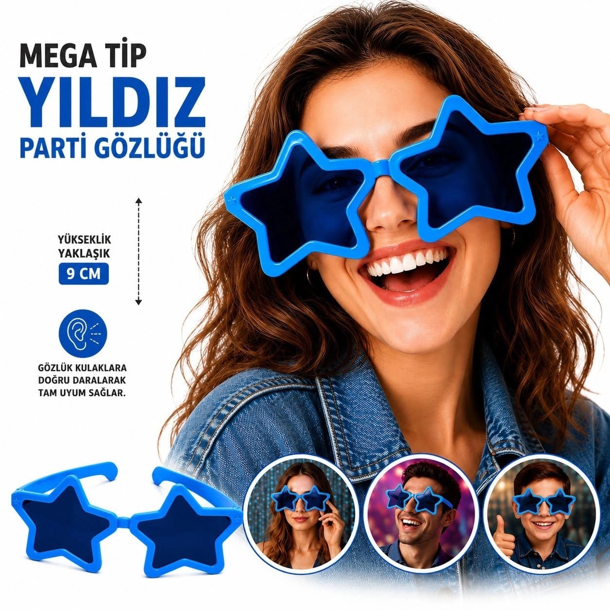 Mey İthalat® Mega Tip Yıldız Parti Gözlüğü Mavi Renk