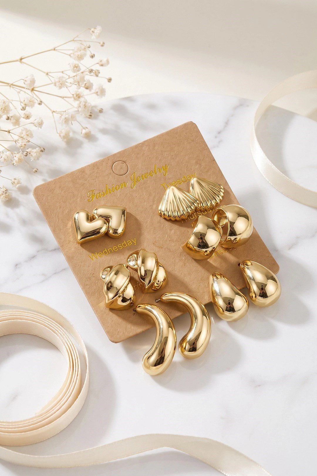 Mey İthalat® Metalik Kaplama Gold Renk CCB 6 Çift Kadın Küpe Seti