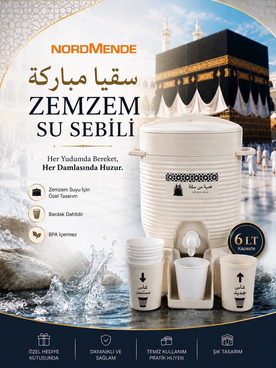 Mey İthalat® Nordmende Zemzem Su Sebili 6 LT | Kabe Temalı Zemzemlik | Bardaklıklı Hac Umre Hediyelik Sebil