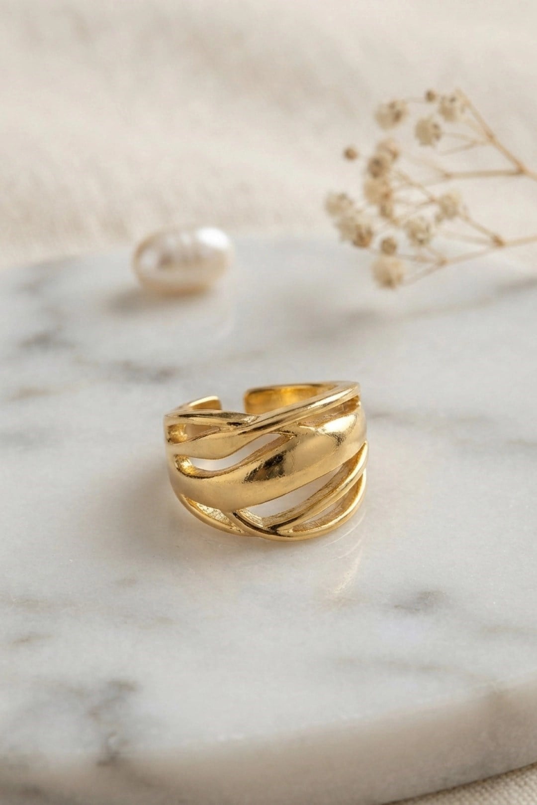 Mey İthalat® Örgü Formlu Geniş Tasarım Gold Renk Yüzük