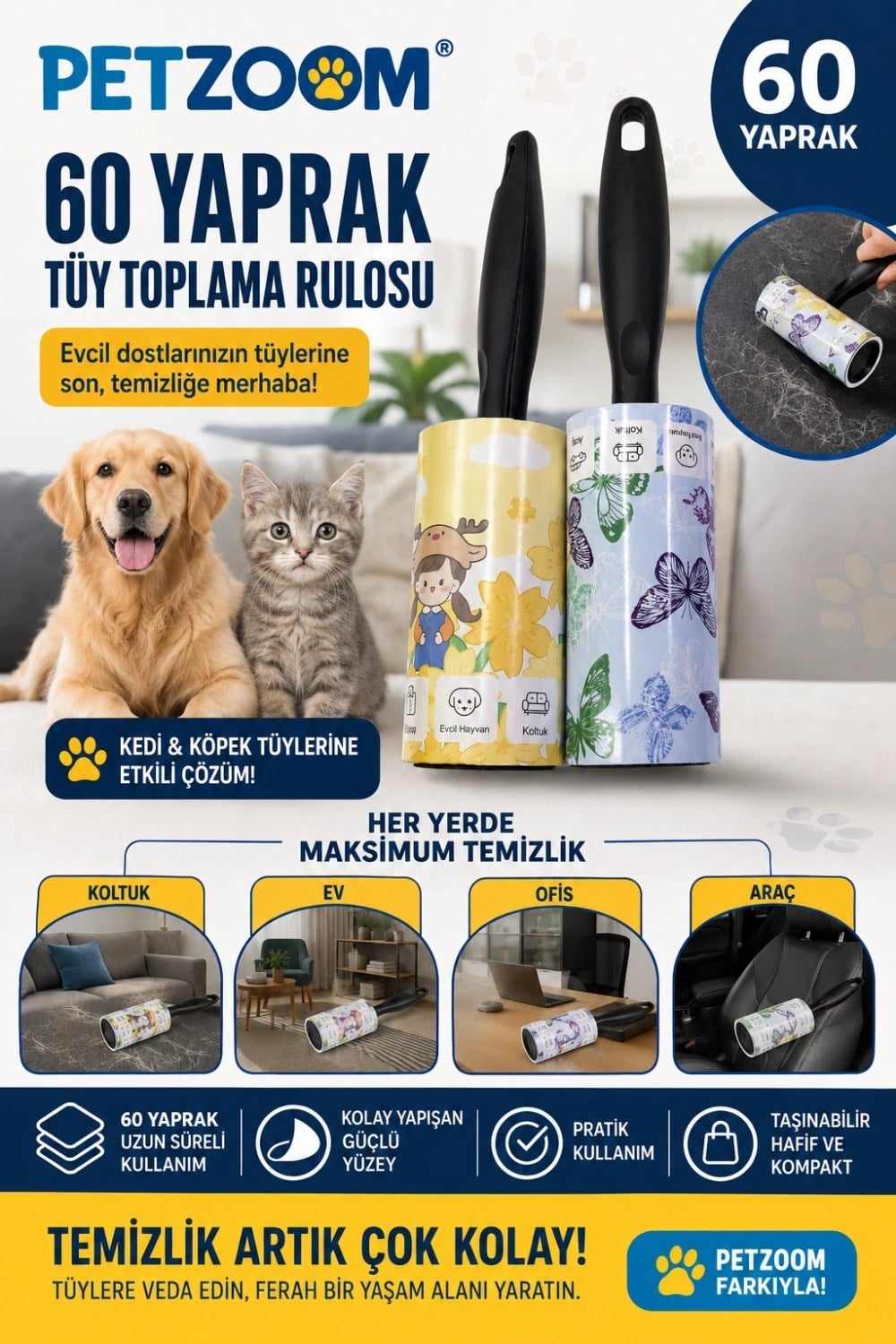 Mey İthalat® PETZOOM 60 Yaprak Tüy Toplama Rulosu Kedi Köpek Tüy Toplayıcı Ev Koltuk Araç Ofis Temizlik Rulosu