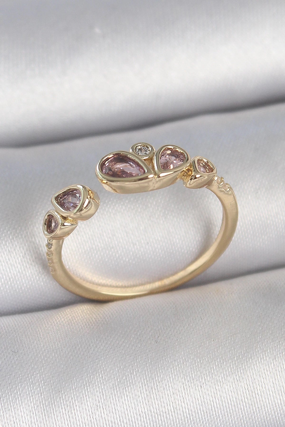 Mey İthalat® Pirinç Gold Renk Pembe Damla Zirkon Taşlı Ayarlanabilir Kadın Yüzük