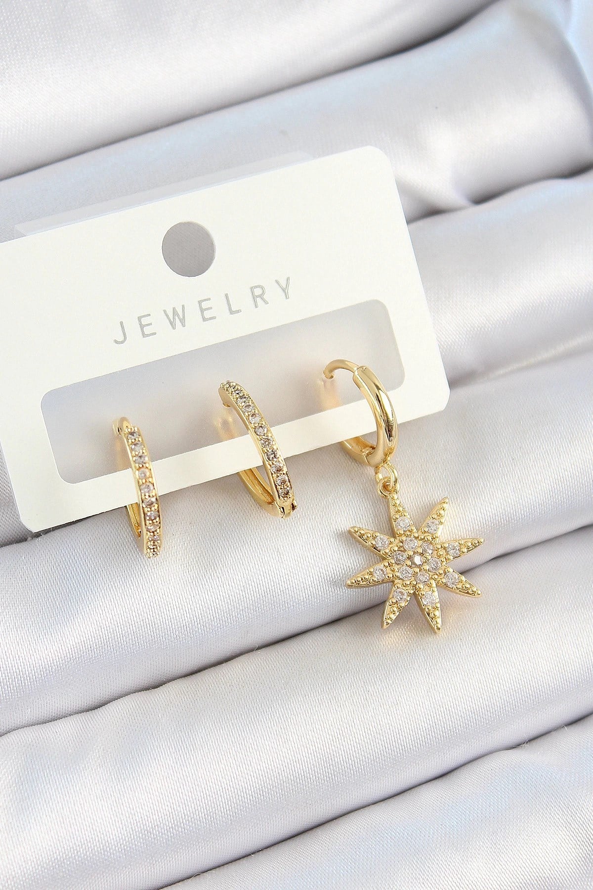 Mey İthalat® Pirinç Zirkon Taşlı Kutup Yıldızı Model Gold Renk 3'lü Çift Kadın Küpe Set