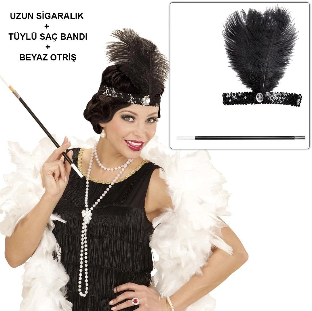 Mey İthalat® Retro Charliston Beyaz Otrişli Aksesuar Seti – 20'ler 90'lar Gatsby Kostüm Seti