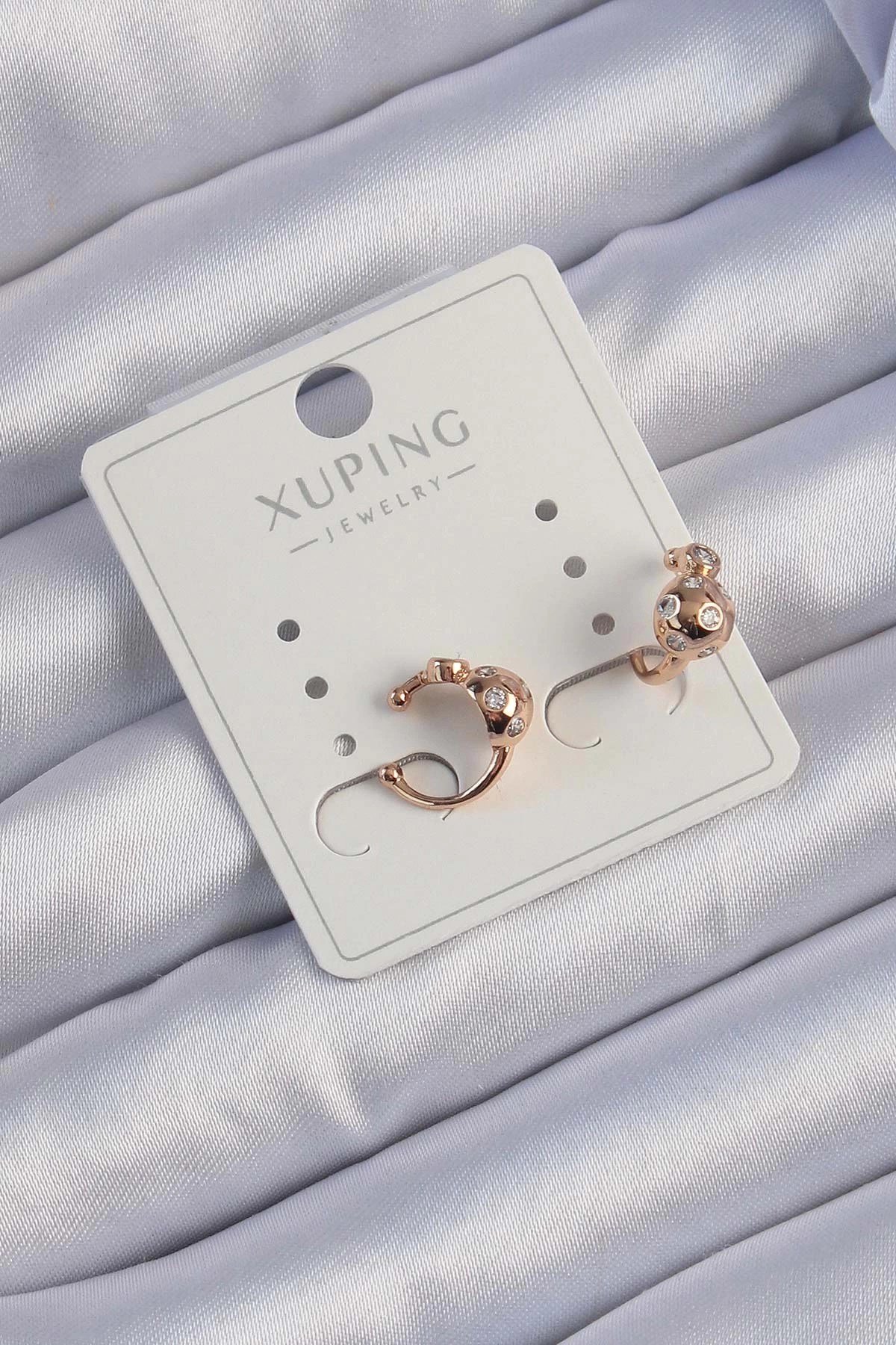 Mey İthalat® Xuping Rose Renk Zirkon Taşlı Bombeli Topçuk Earcuff Küpe