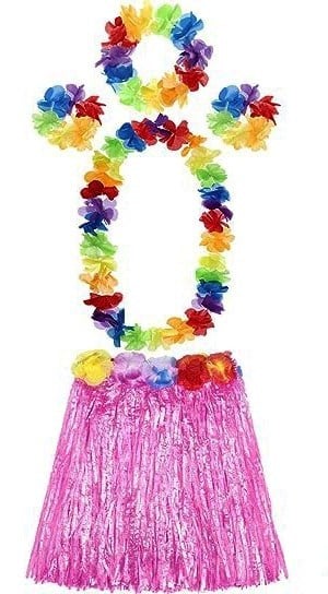 Mey İthalat® Yetişkin ve Çocuk Uyumlu Luau Aloha Hawaii Pembe Etek ve Renkli Kolye Taç 2 Adet Bileklik Seti