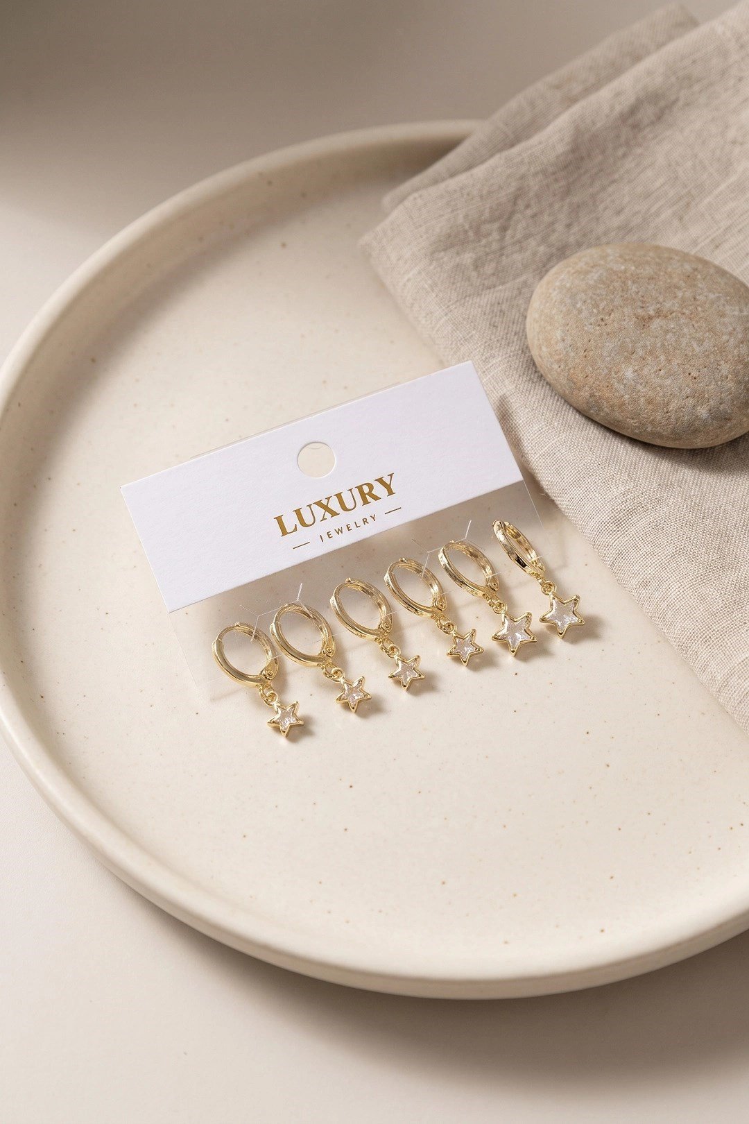 Mey İthalat® Yıldız Zirkon Taşlı Gold Renk Pirinç Set Küpe