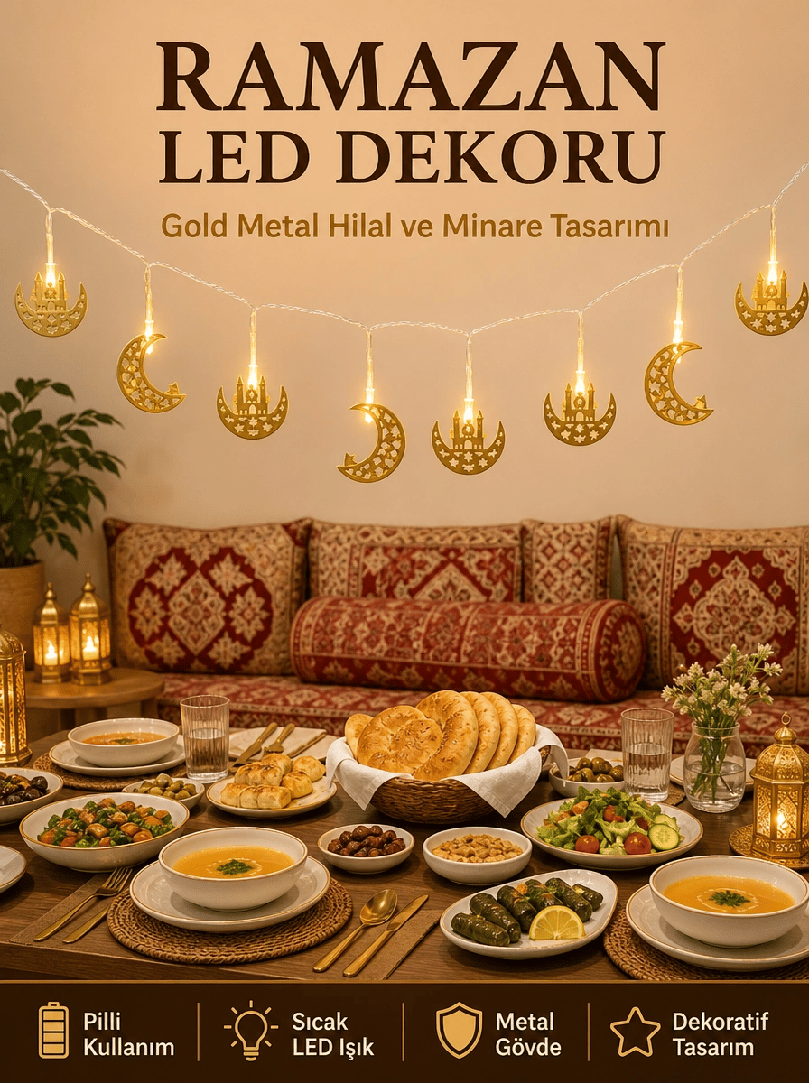 Minareli Hilal LED Işık Gold Metal Gövdeli Pilli Ramazan Dekoru