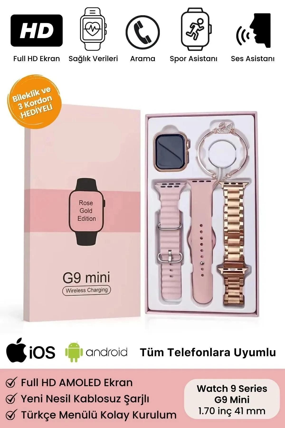 Mini Kadın Akıllı Saat, Rose Gold Kasa ve Çelik Kordon ile Nabız, Uyku, Adım Takibi ve GPS Özellikli