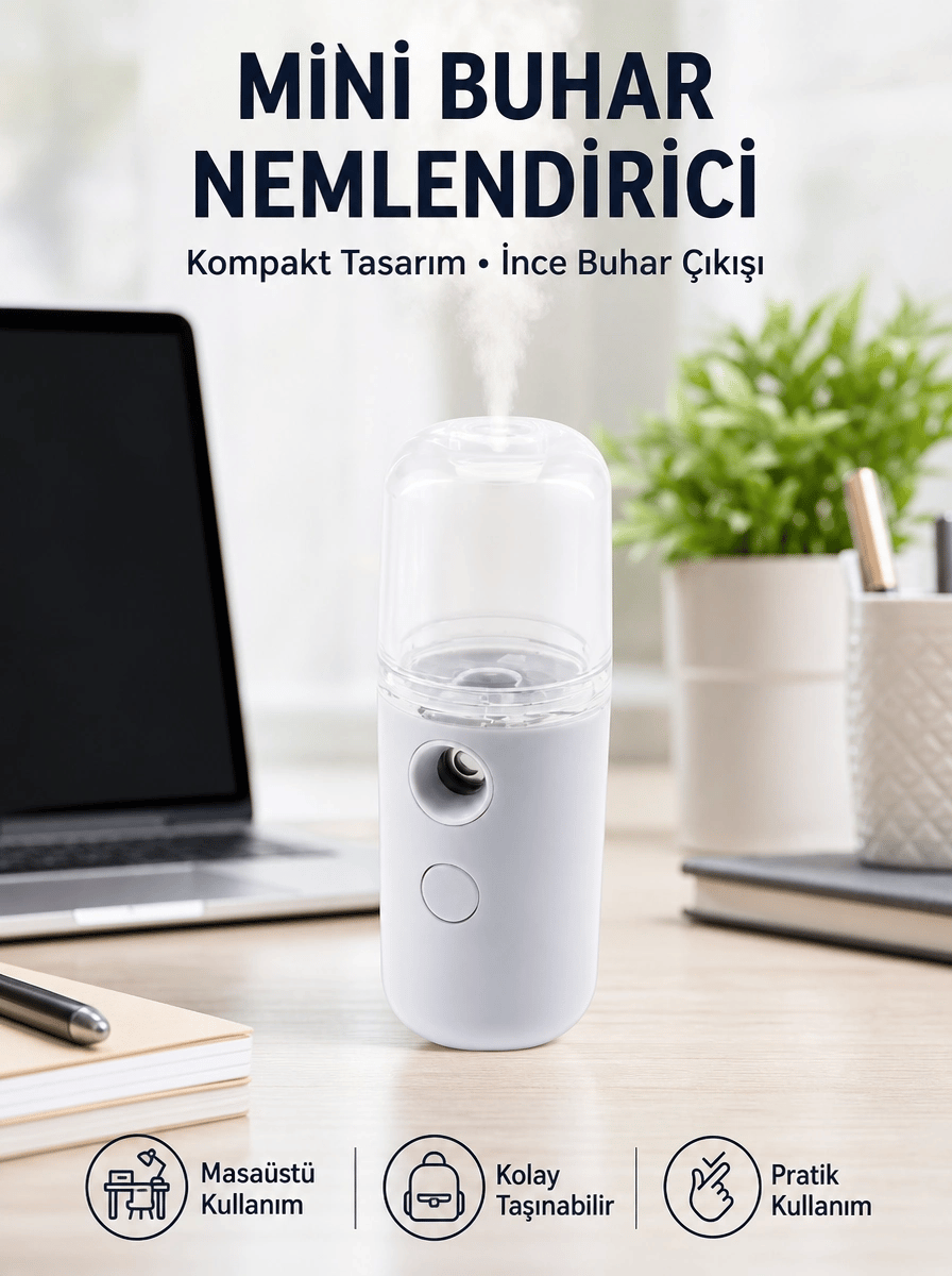 Mini Şarjlı Buhar Nemlendirici – Taşınabilir, Enerji Tasarruflu, Kablosuz Kullanım Yeni Nesil