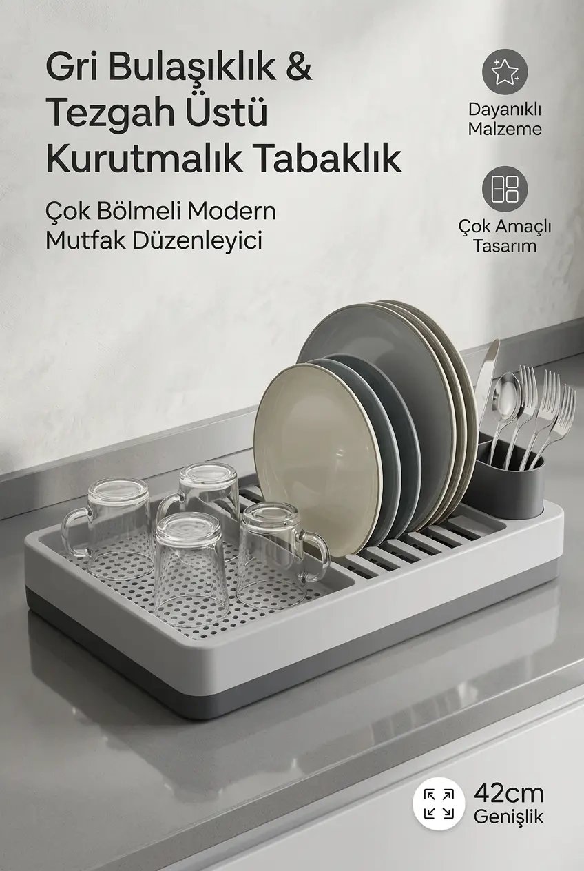 Modern Kurutmalık Tabaklık Gri Tezgah Üstü Bulaşıklık Bardaklık Standı Mutfak