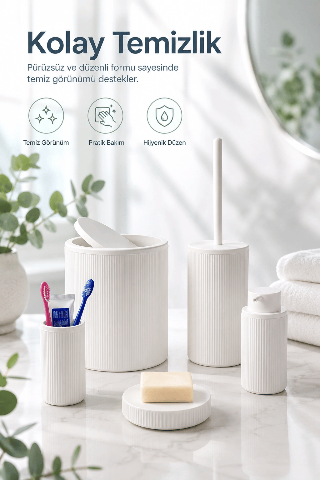 Modern Tasarımlı 5 Parça Banyo Aksesuar Seti Beyaz Renk Sabunluk ve Fırçalık Dahil