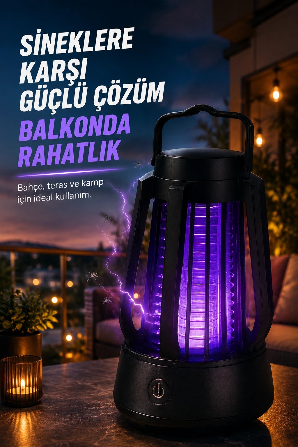 Mor Işıklı Elektrikli Sinek Öldürücü Lamba Balkon Bahçe Kamp Kullanım Cihazı