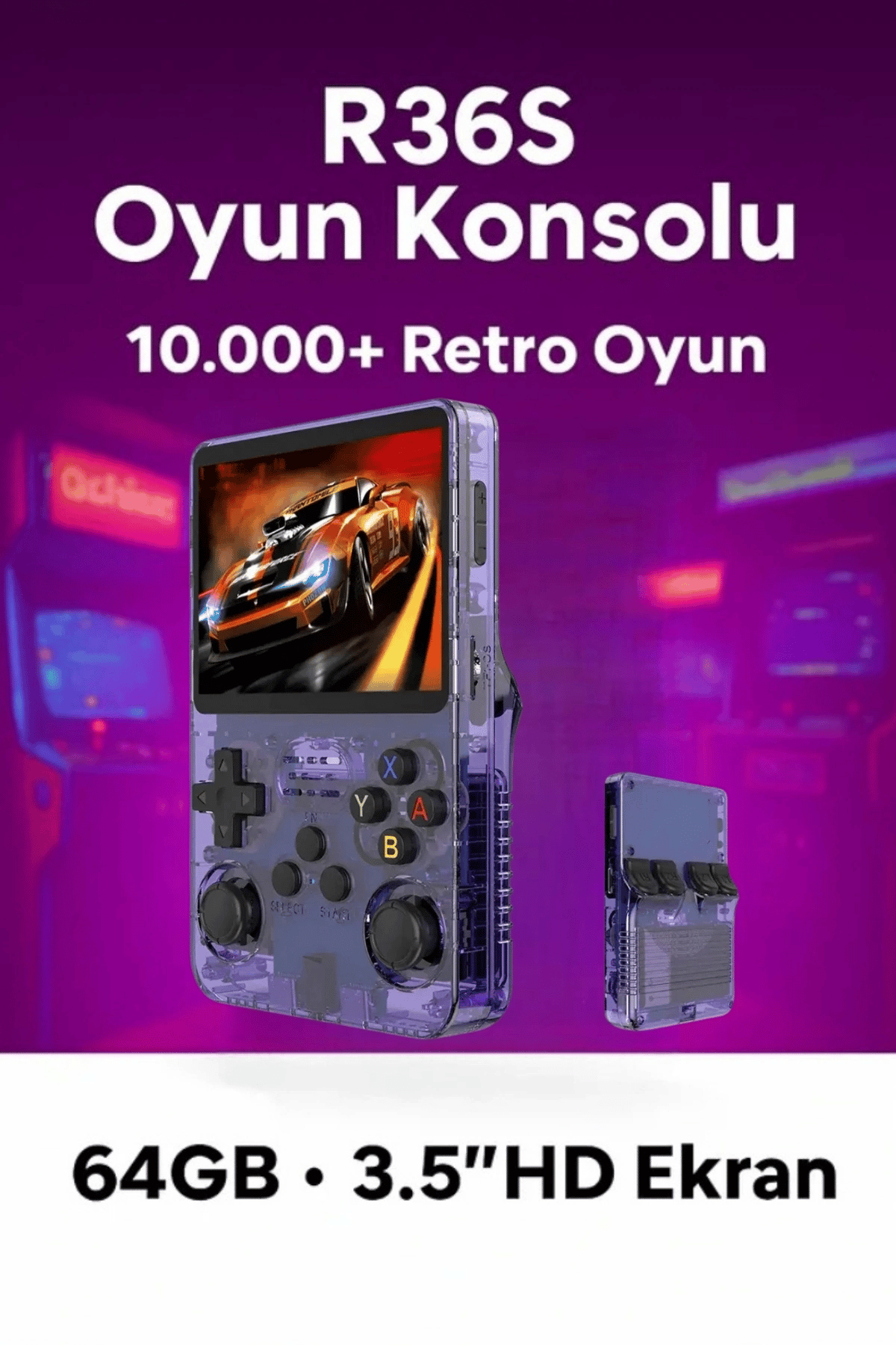 Mor Renkli Mini Retro Oyun Konsolu, 64GB Hafıza ve IPS Ekran ile 10.000 Oyun Sunar