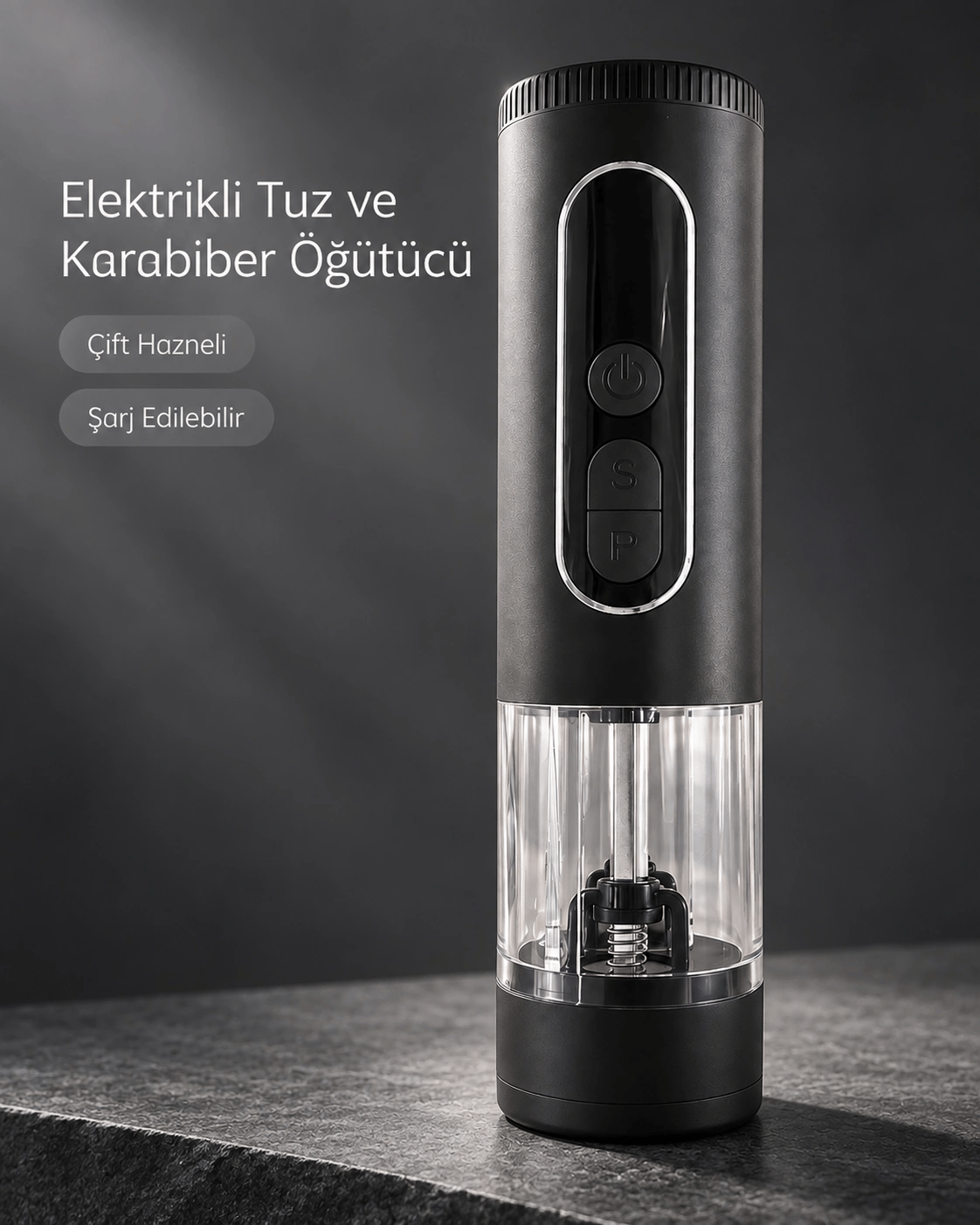 Mutfak ve Sofra Kullanımına Uygun Çift Hazneli Elektrikli Tuz Karabiber Öğütücü