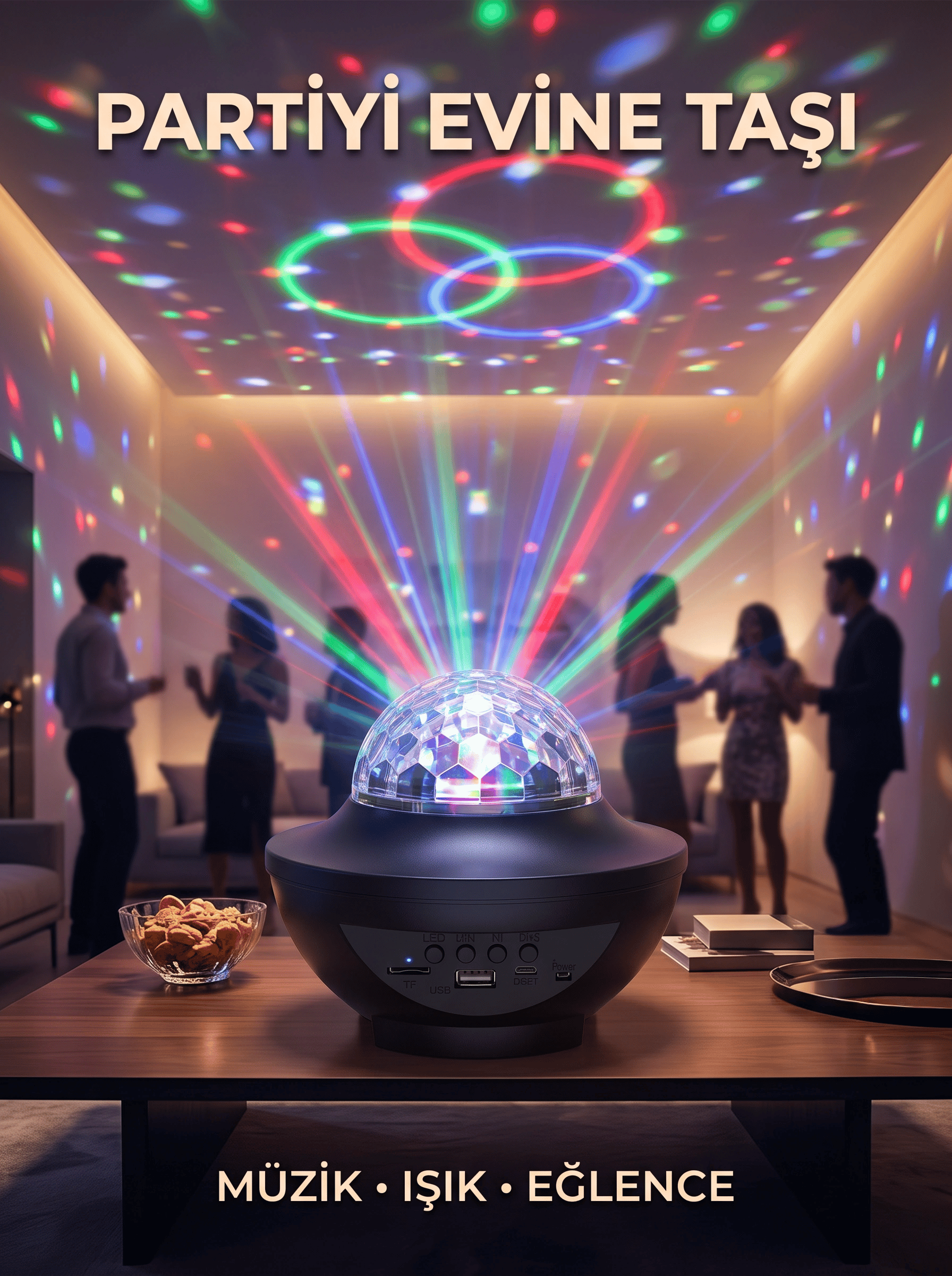 Müzikli RGB Disko Lambası Bluetooth Hoparlörlü Renkli Parti Işığı USB TF Kart Girişli