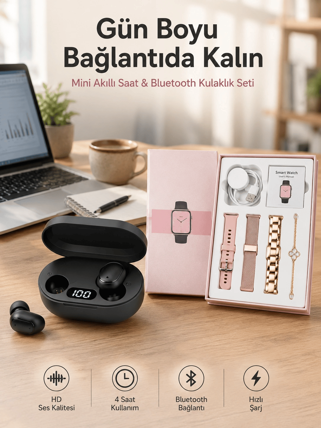 Nabız Ölçer Hediye Bileklikli Akıllı Saat ve Dijital Göstergeli Bluetooth Kulaklık Çoklu Şarj Girişi