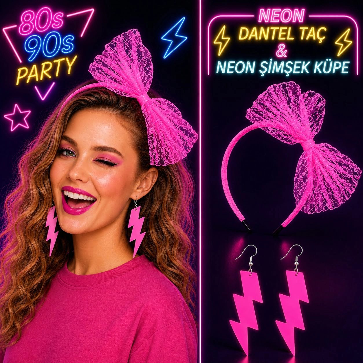 Neon Pembe Dantel Taç Ve Şimşek Küpe 80'ler 90'lar Parti Seti
