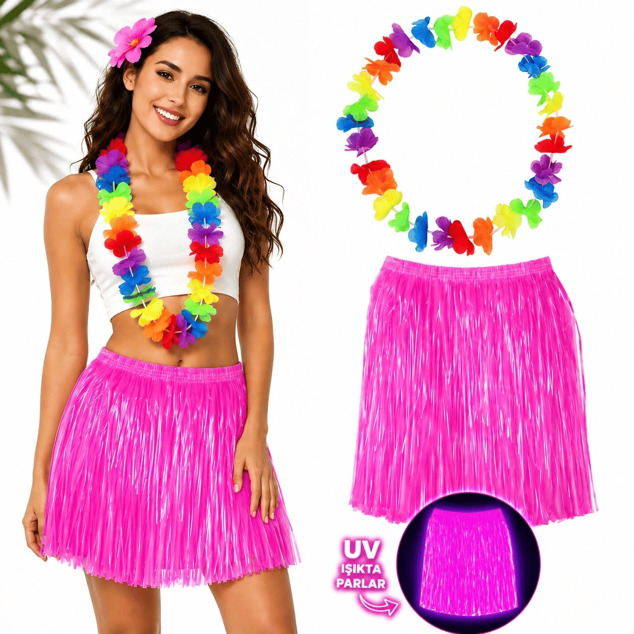 Neon Pembe Hawaii Etek 40 Cm Ve Rengarenk Hawaii Kolye