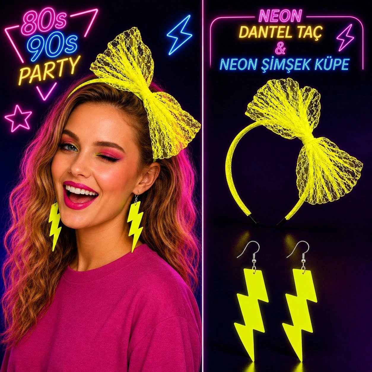 Neon Sarı Dantel Taç Ve Şimşek Küpe 80'ler 90'lar Parti Seti