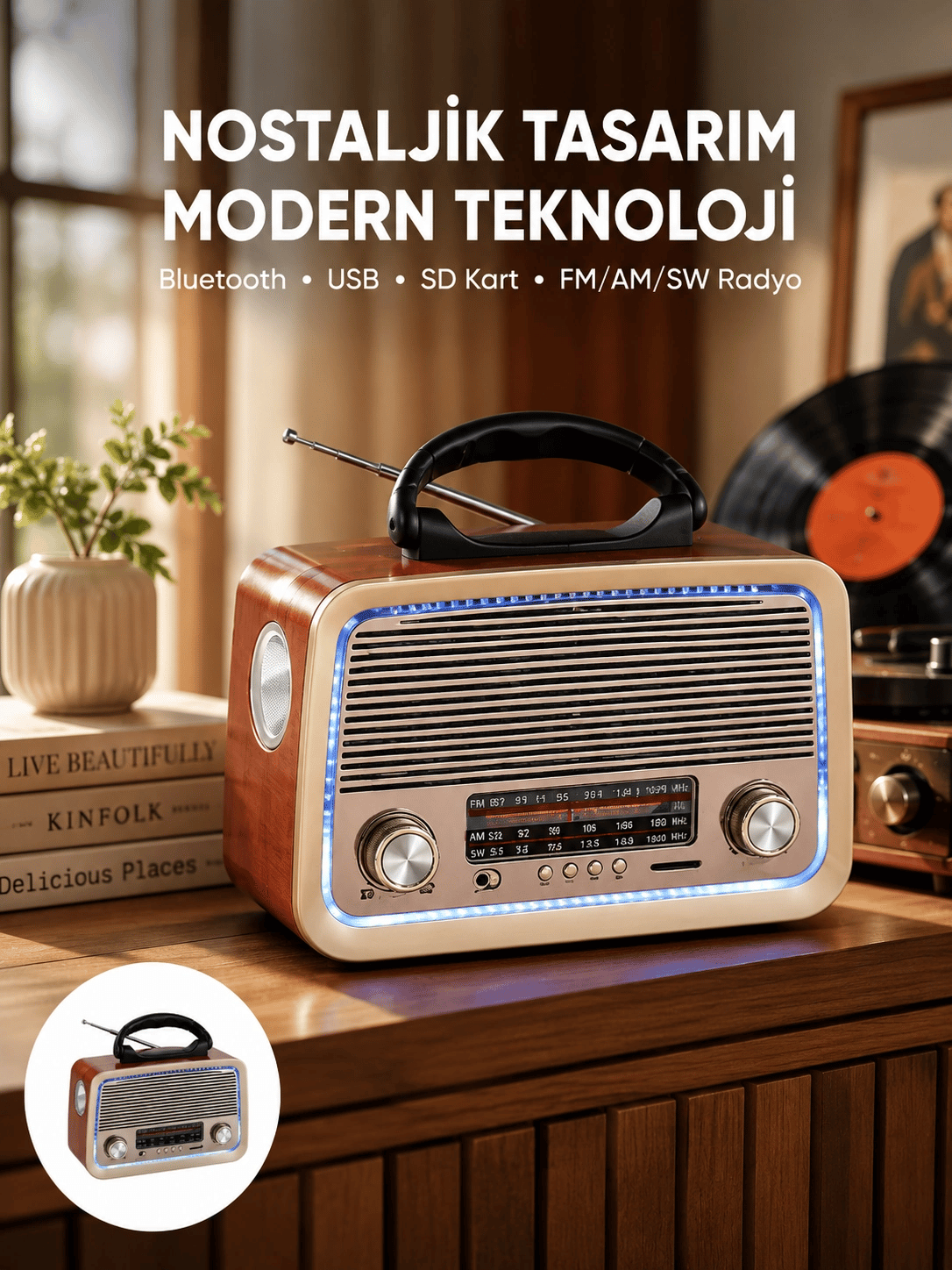 Nostalji Bluetooth Radyo FM AM SW Ahşap Eskitme Tasarım Yeni Nesil