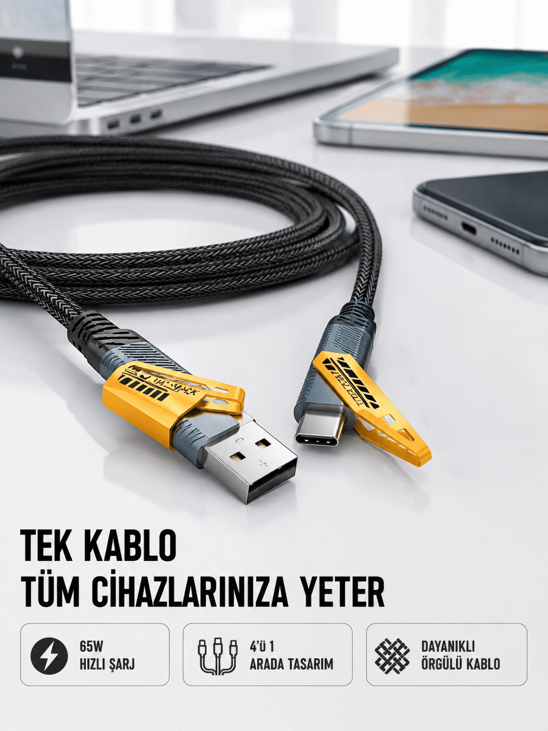 Örgülü Tasarım 4’ü 1 Arada USB-C Lightning Hızlı Şarj Kablosu