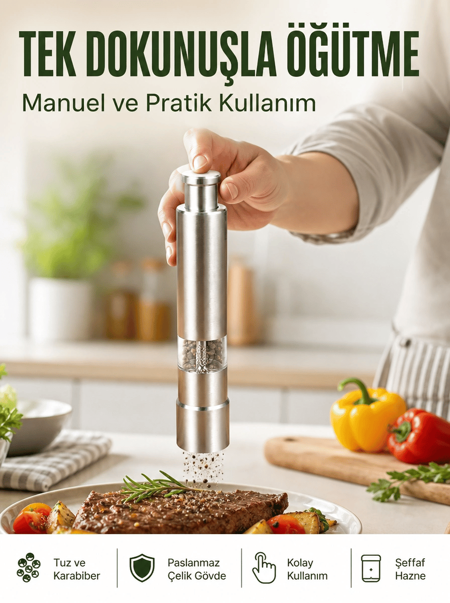 Orta Boy Kararbiber ve Tuz Öğütücü – Kolay Kullanım, Şık Tasarım Yeni Nesil