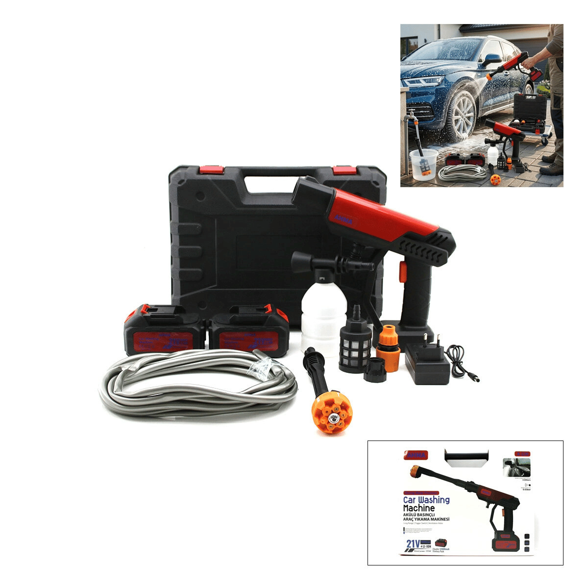 Oto - Araç Yıkama Makinesi Şarjlı - Yedek Bataryalı 135w - 19000 Rpm 12000 Mah - 21v 0.62bar A-130 Bx40