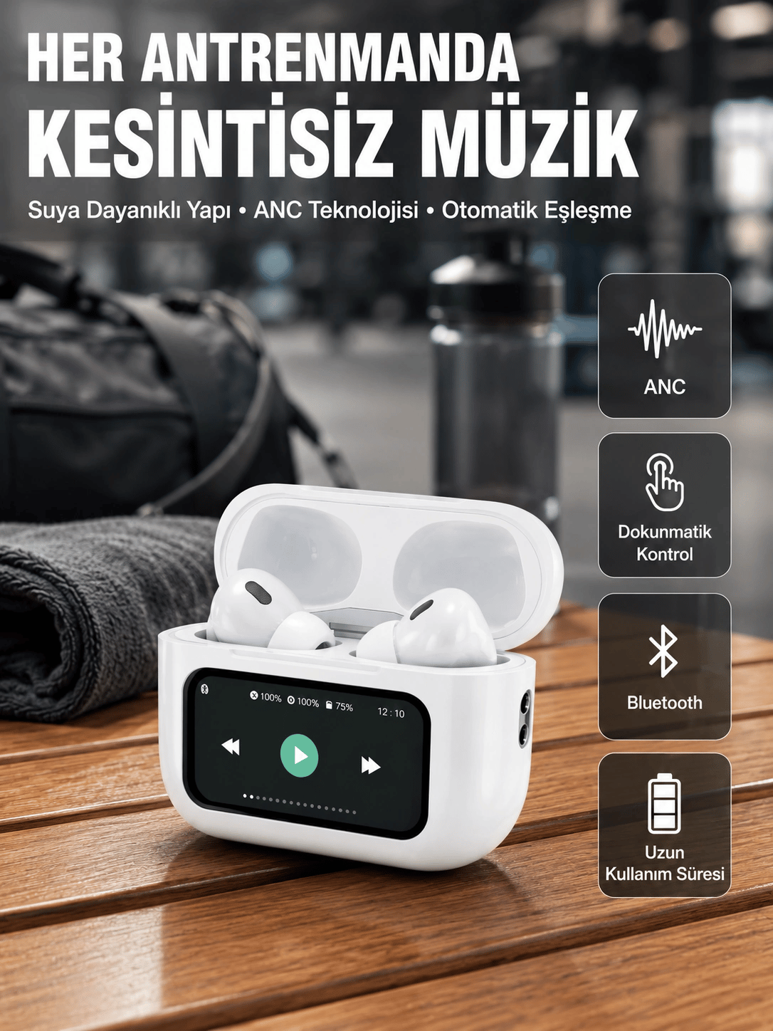 Otomatik Bağlantılı Bluetooth Kulaklık ANC Özellikli Su ve Ter Dayanıklı Yeni Nesil
