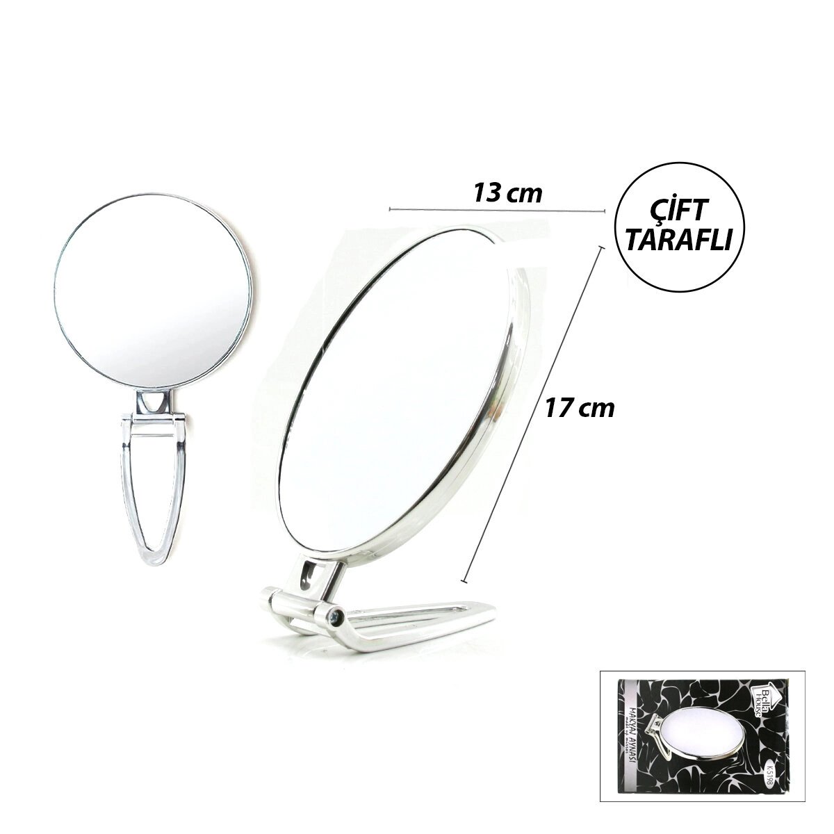 Oval - Gümüş 6.5 Inc=16.5x13cm Makyaj Aynası Çift Taraflı Katlanır Ayaklı Bx40