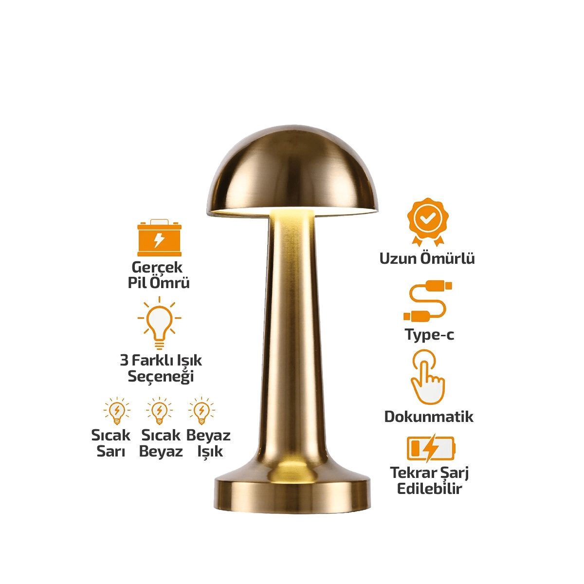 Oval - Metal Mantar Masa Lambası Dokunmatik - Renkli Type-c Şarjlı 3 Fonksiyonlu Yl86-1231 Bx40
