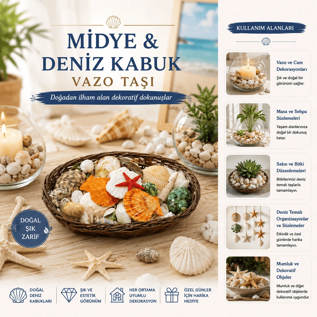 Oval Ahşap Sepet Renkli Mix Midye - Deniz Kabuk Vazo Taşı Bx40