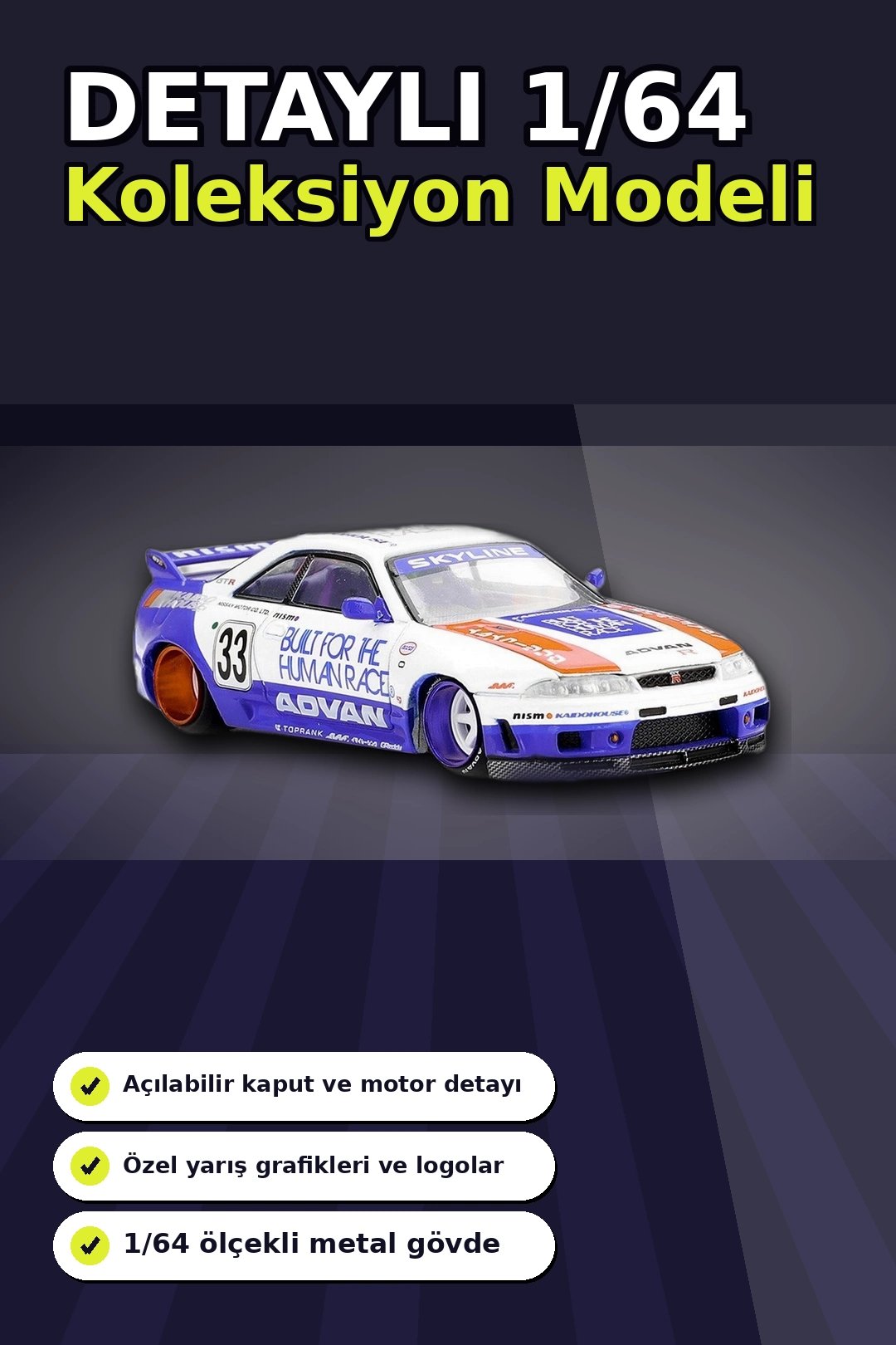 Özel Boya Kaplamalı 1/64 Ölçek Nissan Skyline GT-R R33 Diecast Model Araba BX-313372