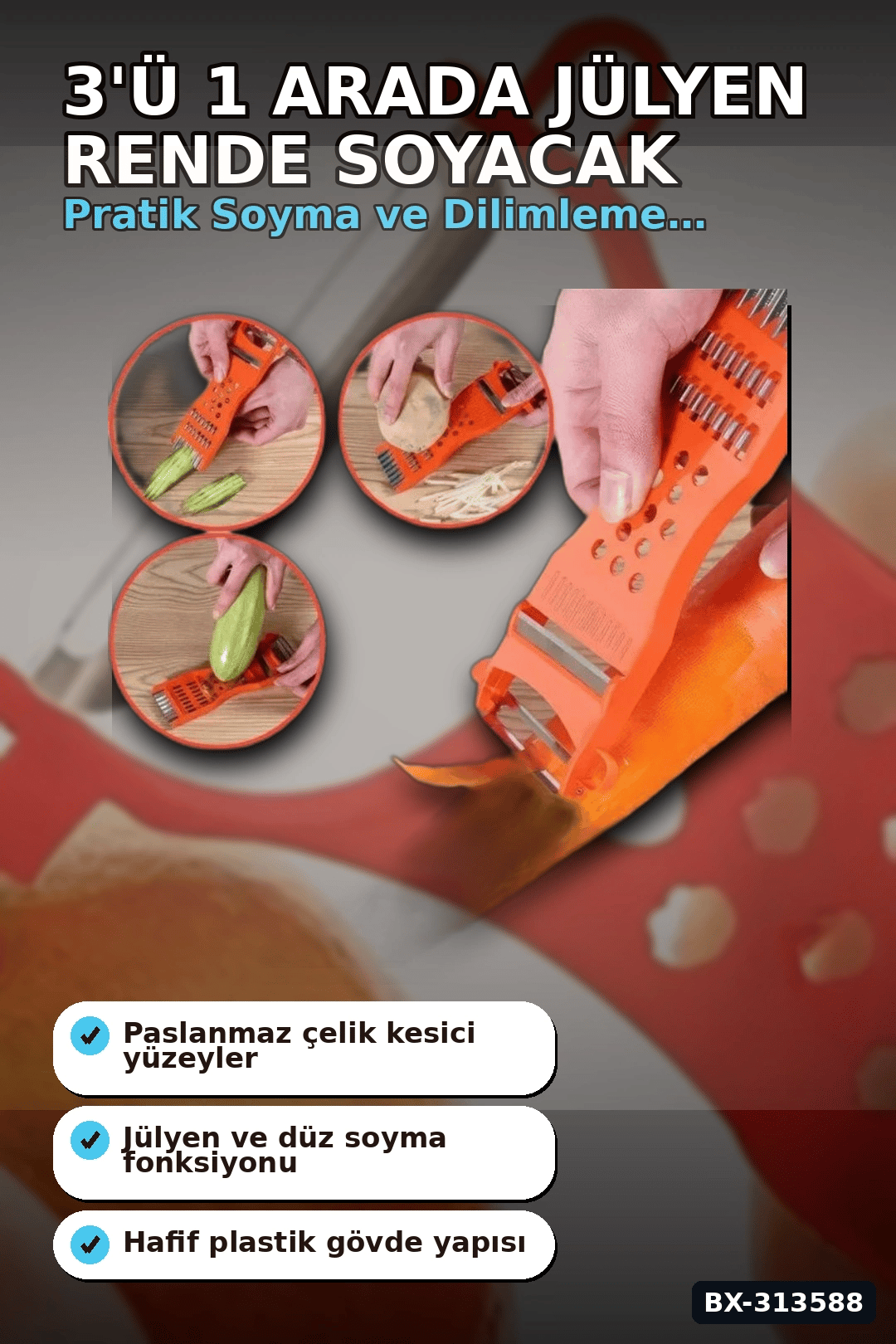 Paslanmaz Çelik Bıçaklı 3'ü 1 Arada Jülyen Rende Soyacak Doğrayıcı Mutfak Aleti BX-313588