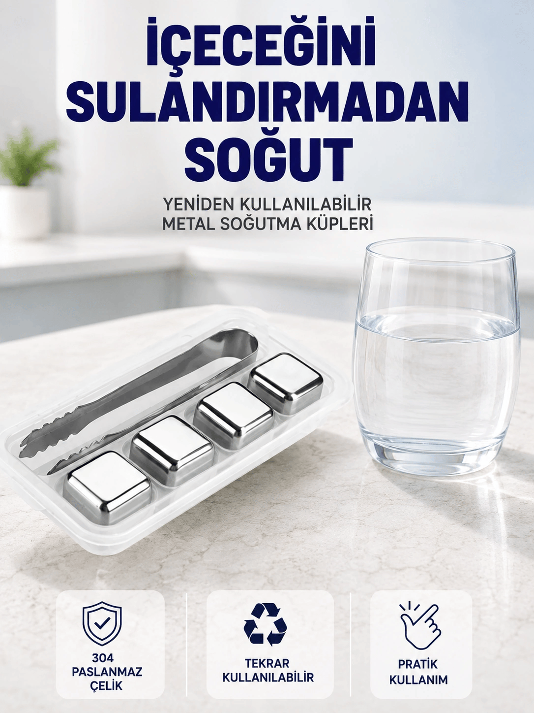 Paslanmaz Çelikten Üretilmiş Metal Buz Küpü Seti ve Buz Klipsi