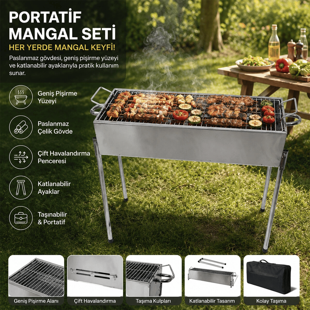Paslanmaz Mangal Portatif Ayaklı - Standlı 70cm Bx40