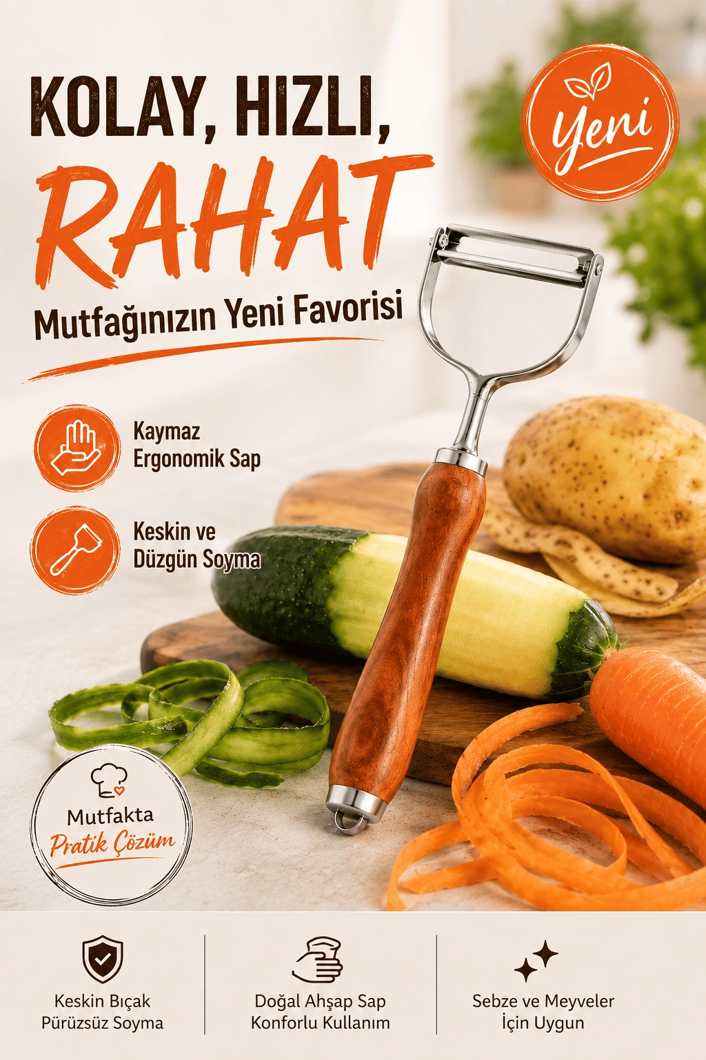 Paslanmaz Metal Başlıklı Ahşap Saplı Sebze Meyve Soyacağı Mutfak Gereci