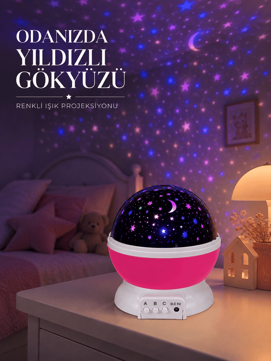 Pembe Döner Yıldız Projektörü USB ve Pilli Kullanımlı Gece Lambası