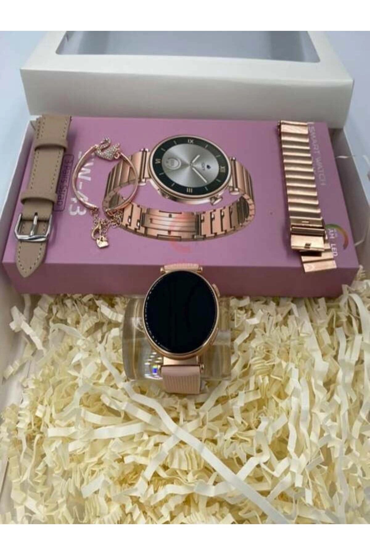 Pembe Rose Gold Kasa ve Silikon Kordonlu Kadınlar İçin Akıllı Saat, AMOLED Ekran ve NFC Özellikli
