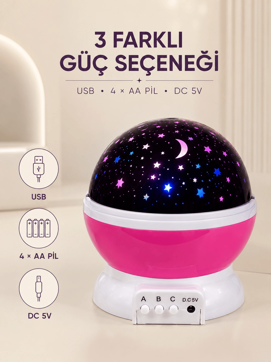 Pembe Yıldızlı Gece Lambası Döner Gökyüzü Projeksiyon Işığı