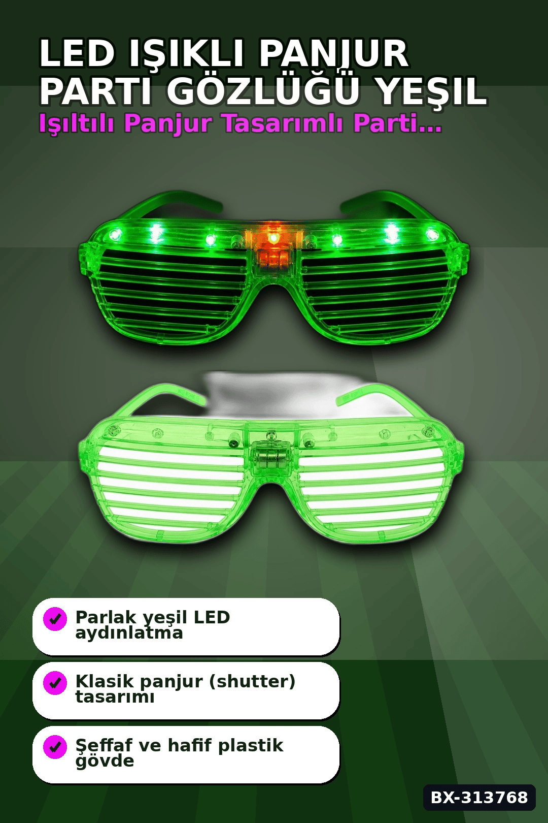 Pilli Çalışan Led Işıklı Panjur Parti Gözlüğü Yeşil Shutter Model 1 Adet BX-313768