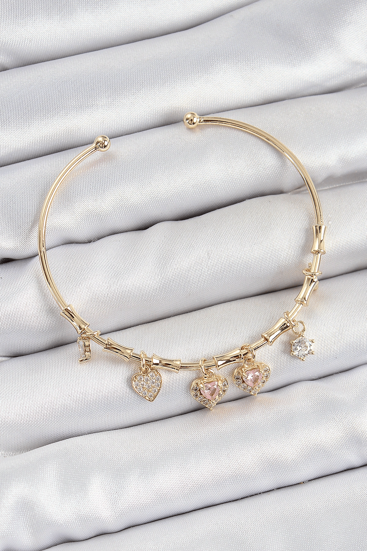 Pirinç Zirkon Taşlı Pembe Kalp Model Gold Renk Charm Bileklik