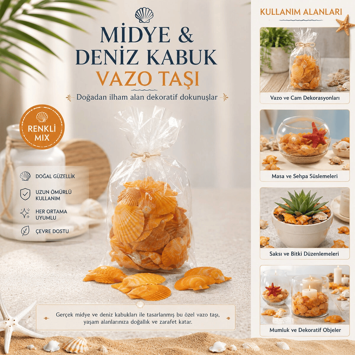 Poşetli Renkli Mix Midye - Deniz Kabuk Vazo Taşı Bx40